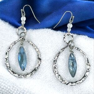 🆕️Boho Chic Hammered Silver & Blue Rhinestone Dangle Earrings Trendy Statement